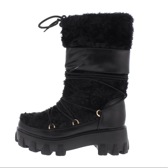 Teyanna Black Vegan Leather Furry Combat Boots - Picture 5 of 5